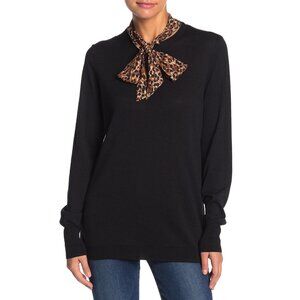 14th & Union Tie Scarf Knit Pullover Sweater Size Medium Black Animal Print New